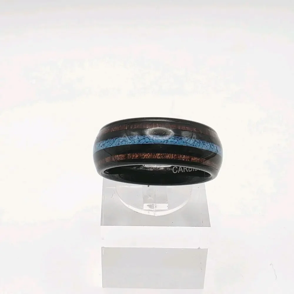 Black Tungsten Ring Men's Wood Wedding Band with Turquoise Inlay Ring Size 7.5